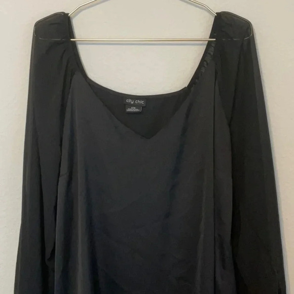City Chic Black Satin Body with Sheer Long Sleeve Scoop Neck Blouse - Picture 2 of 10